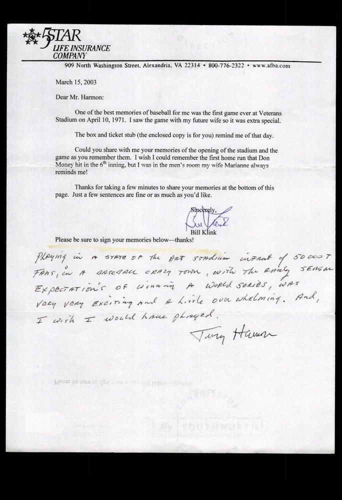 FAN LETTER RESPONSE - TERRY HARMON RE: VETERAN'S STADIUM OPENING, BAS CERTIFIED