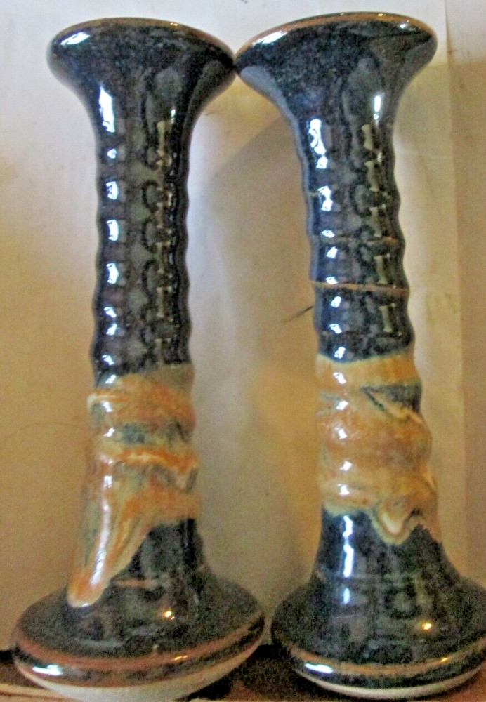 DECORATIVE RIBBED COBALT & MULTI-COLOR DRIP GLAZE CERAMIC CANDLE HOLDERS, USED
