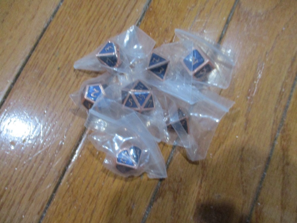 7 Piece Polyhedral Metal Dice Set Blue w/Bronze