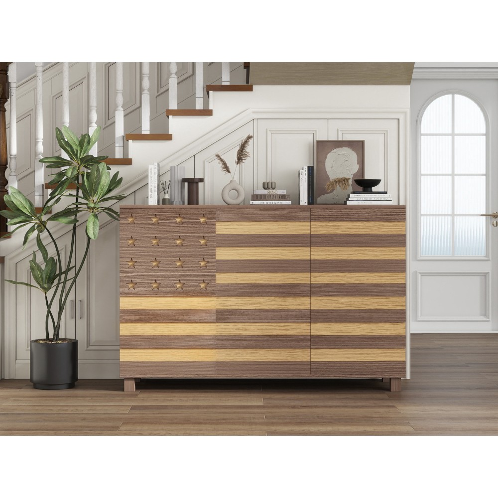 55" Buffet Brown Sideboard Cabinet,2 Drawers, 3 Doors, Adjustable Shelf