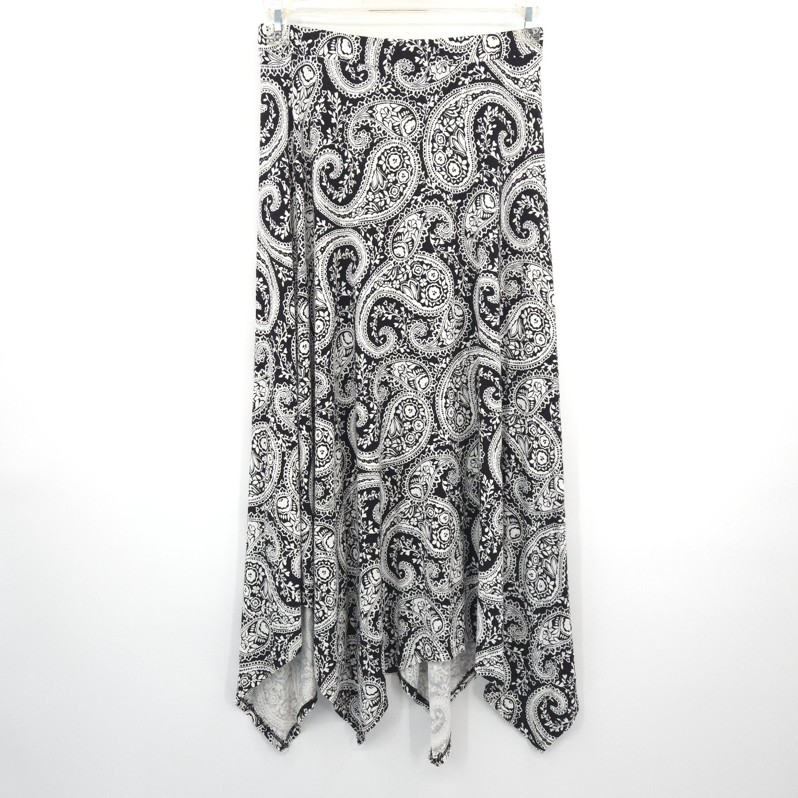 Chico's stretch knit midi skirt Size 0 (S) paisley black/white shark hem pull-on