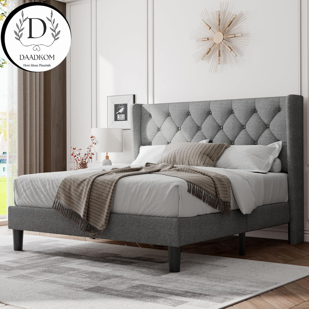 Stylish Full Size Bed Frame with Upholstered Wingback Headboard Light Gray NEW