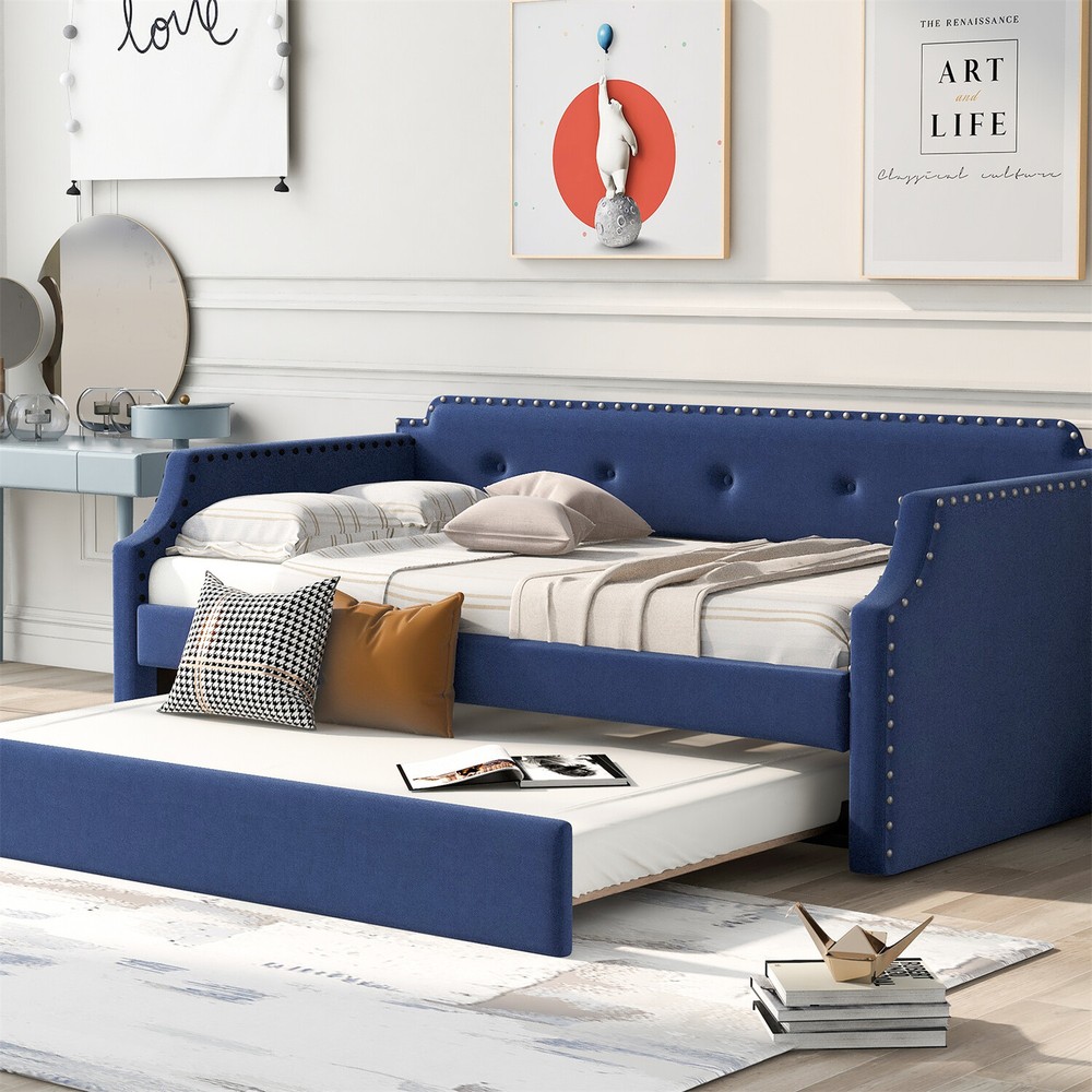 Twin Size Daybed with Pull-Out Trundle Bed Upholstered Bed Frame Sofa Bed Blue