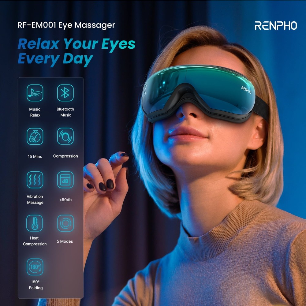 Eye Massager with Heat and Vibration Compression Rechargeable Bluetooth Green