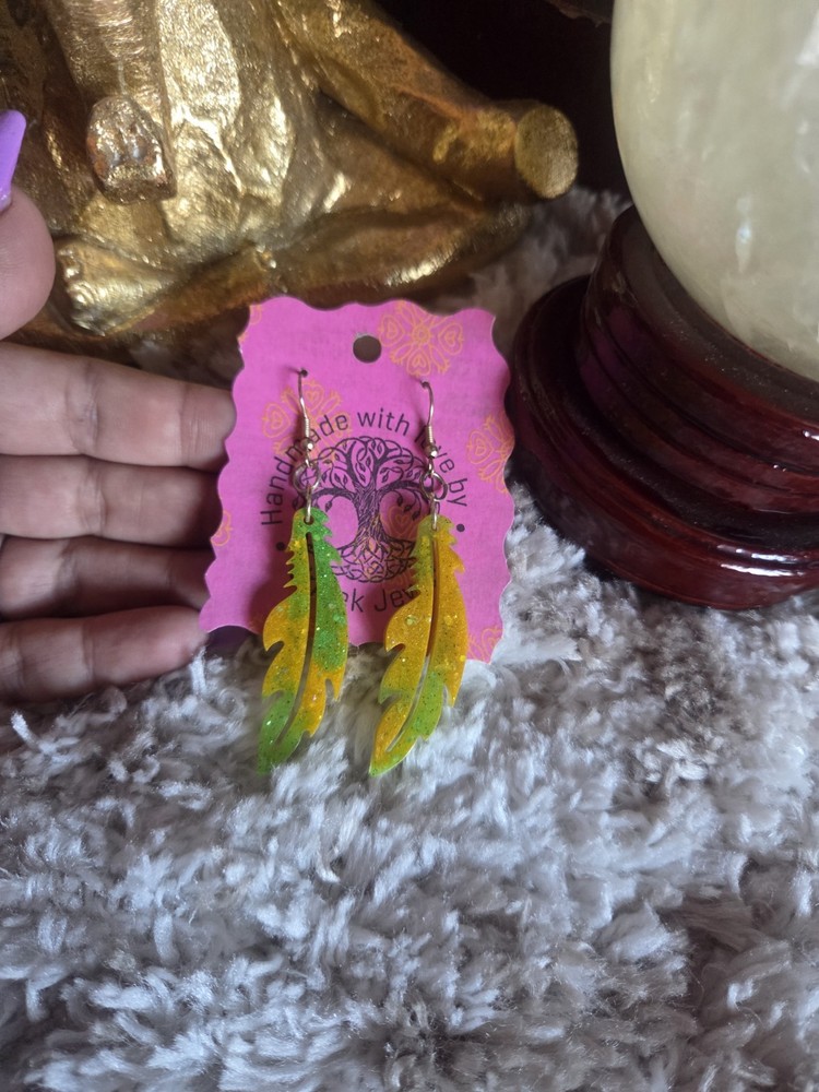 Handmade Yellow and green feather dangle earrings