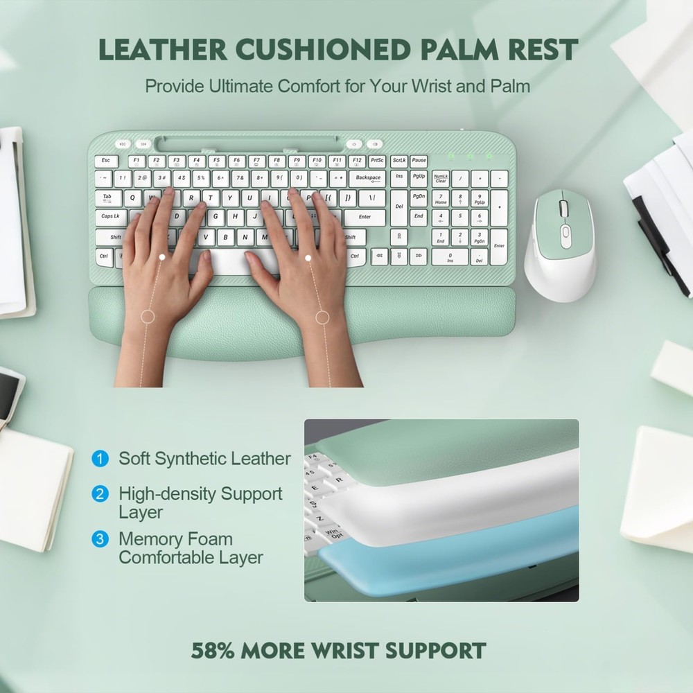Wireless Keyboard and Mouse Combo, Wave Keys Full-Sized Ergonomic Keyboard wi...