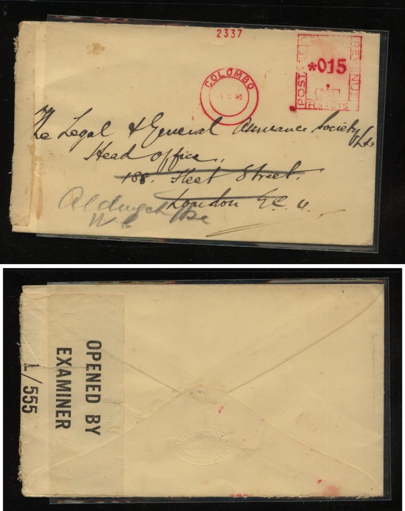 Ceylon  meter  cover  censor  to   London  1943        KL1122