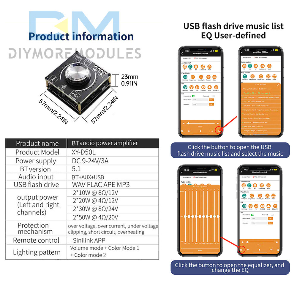 Bluetooth 5.1 D50L Stereo Digital Power Audio Amplifier Board+Light APP Control