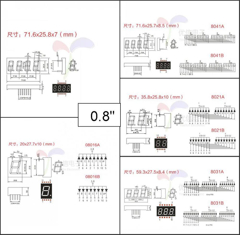 0.28/0.36/0.4/0.56/0.8" Red led Display 7 Segment Common Cathode/Anode 1-4 Digit