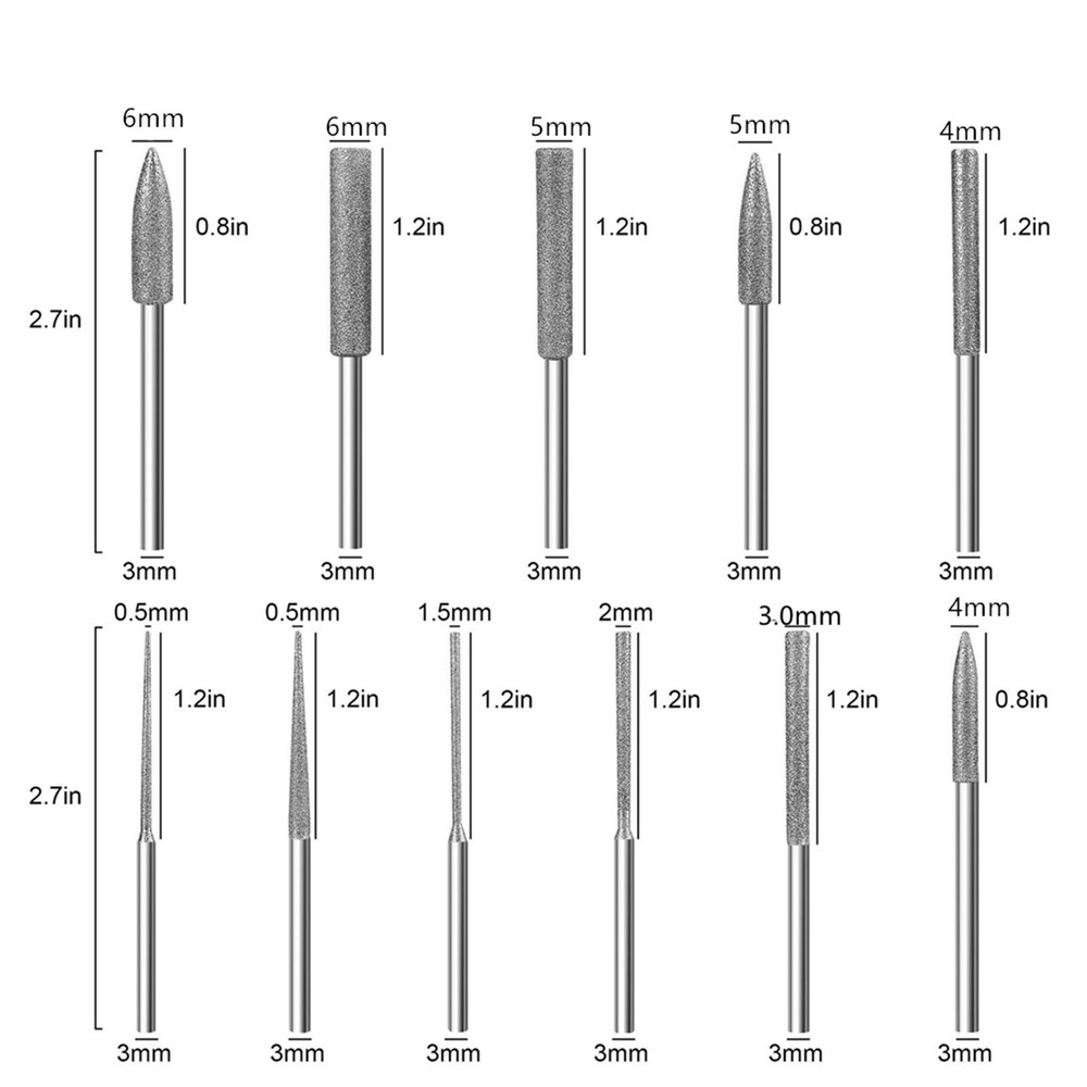 11PCS 1/8" Different Shapes Diamond Burr Bits Rotary Tools Kit Accessories