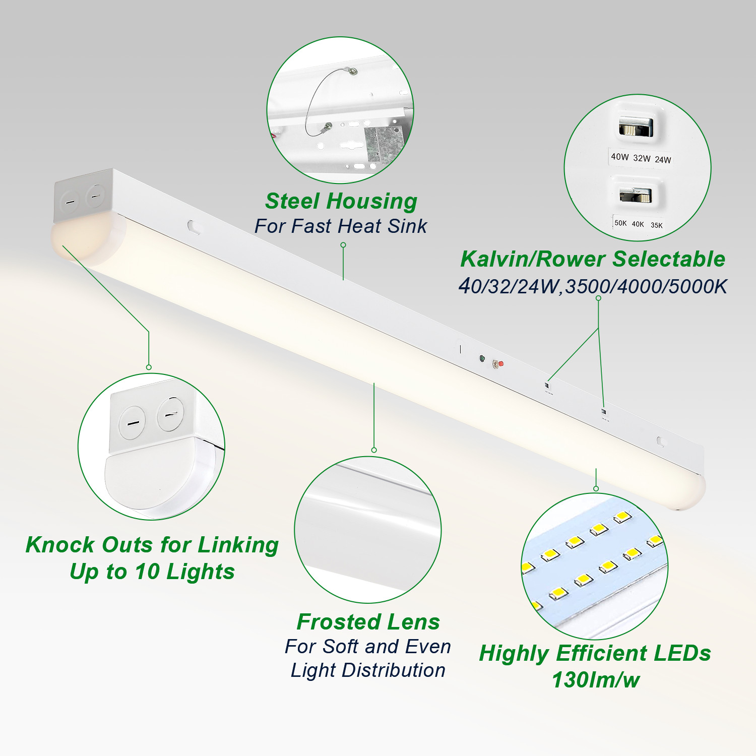 4FT LED Linear Strip Light Fixtures with Emergency Battery 40W/32W/24W, 3CCT