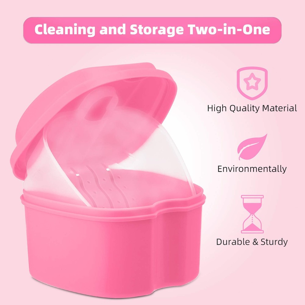 Annhua Denture Retainer Container Case Cleaning,Denture Bath Box False Pink