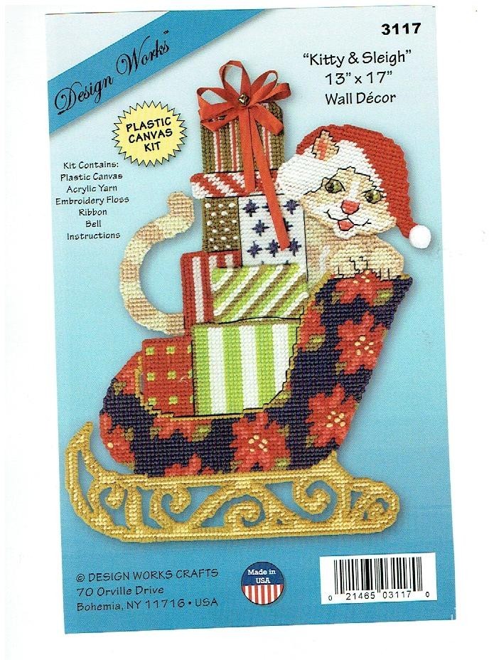 KITTY IN SLEIGH  WALL HANGING 7ct  plastic canvas PATTERN  (#TF0365)