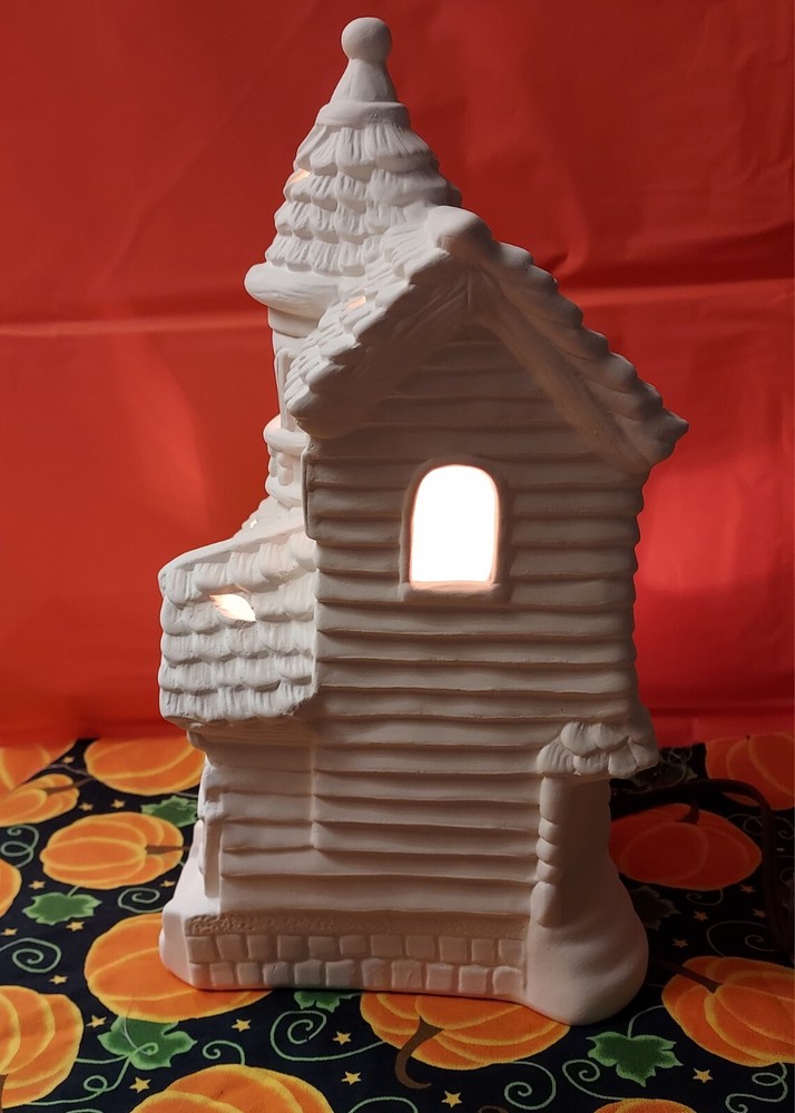 Ceramic Bisque~~ Ready to Paint ~~~ Haunted House with Ghost~~ lights up