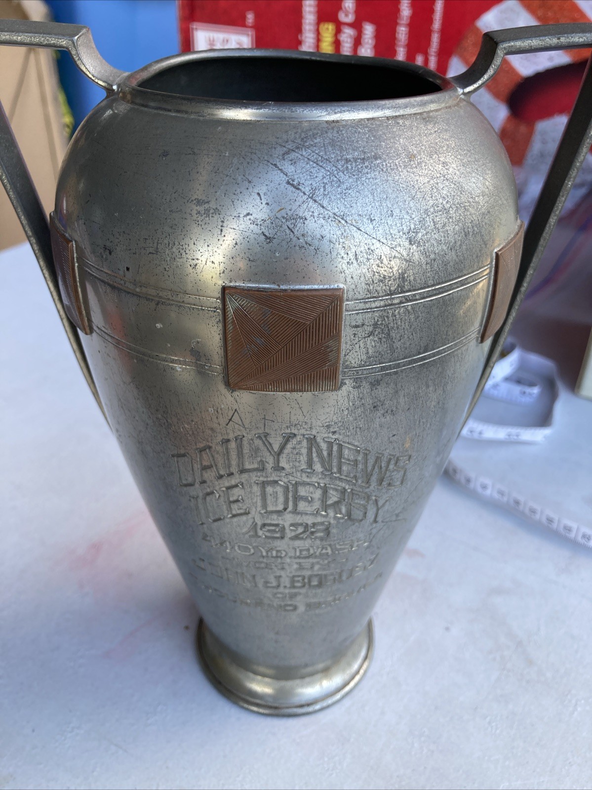 Antique 1928 Daily News Ice Derby Cup Trophy 10” Pewter Wallace Bros Silver Co.