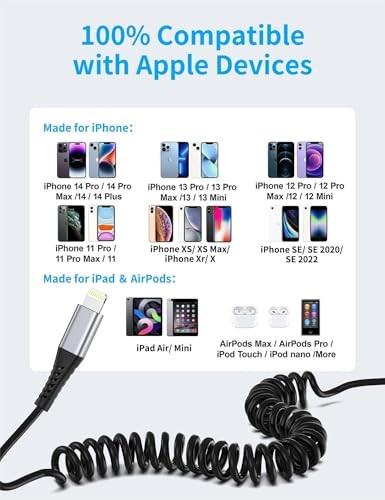 Coiled Lightning Cable for Car, 2Pack Retractable iPhone Charger 3FT Coiled