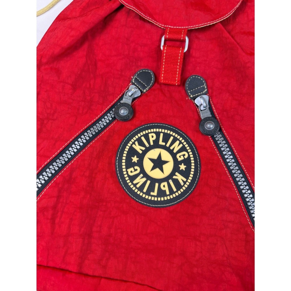 Vintage Kipling Red Drawstring Backpack Rucksack Front Zip Pockets