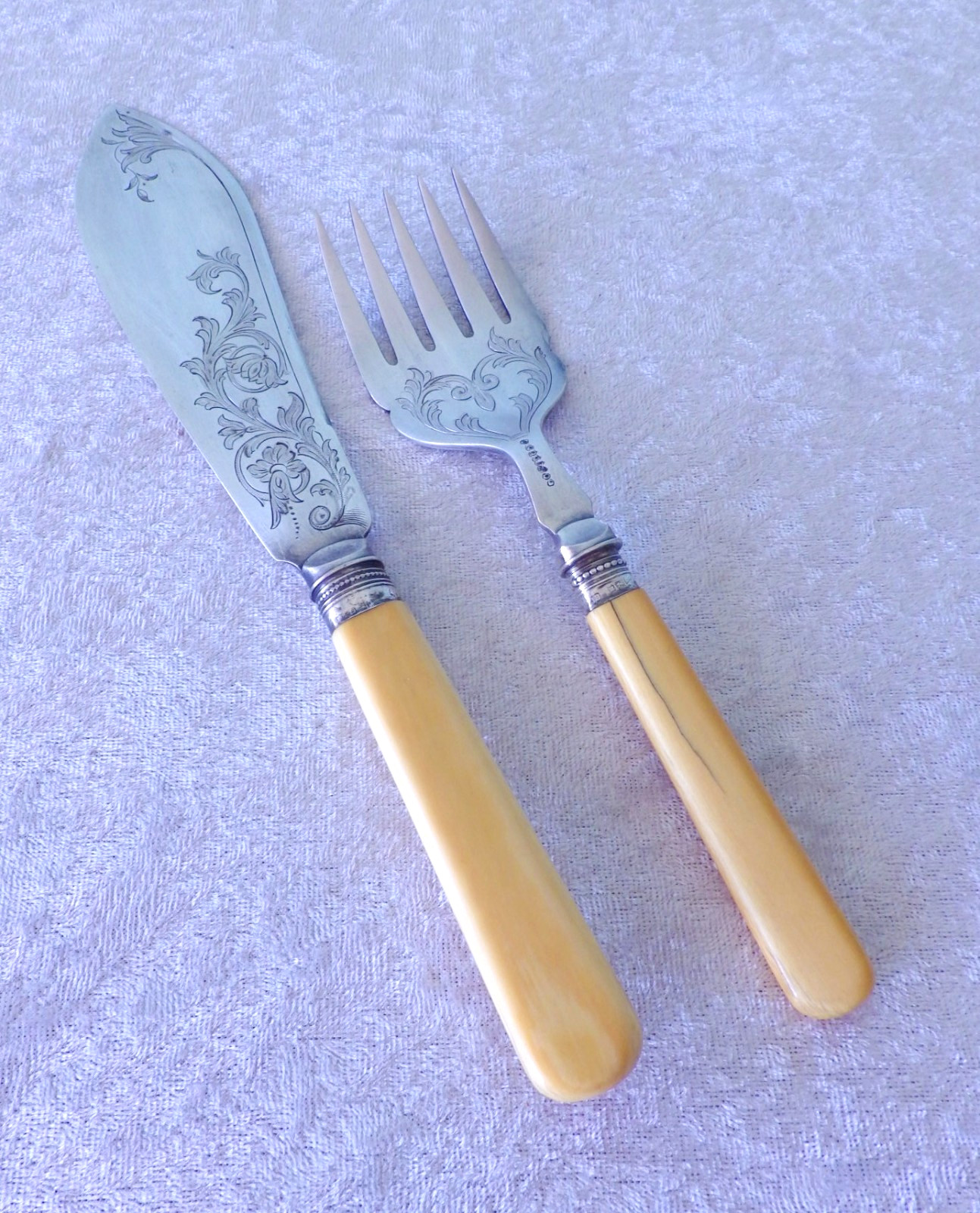 Antique JB James Beebe fish serving fork & knife sterling band silverplate blade