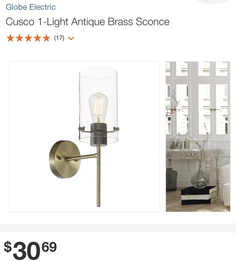 Globe Electric Cusco 1-Light Antique Brass Sconce
