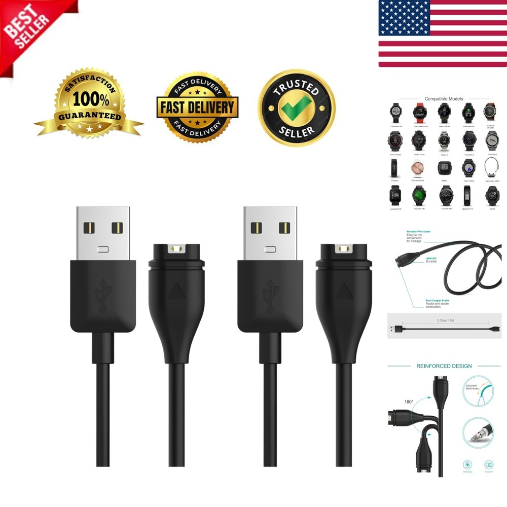 Fast Charging Garmin Watch Charger - 2 Pack USB Cables | 1M for Multiple Models