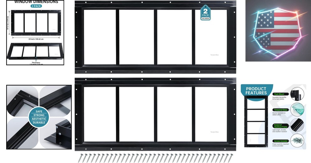 Shed Window 10"x23" 2 Pack Transom Window Fixed Design with Tempered Glass, P...