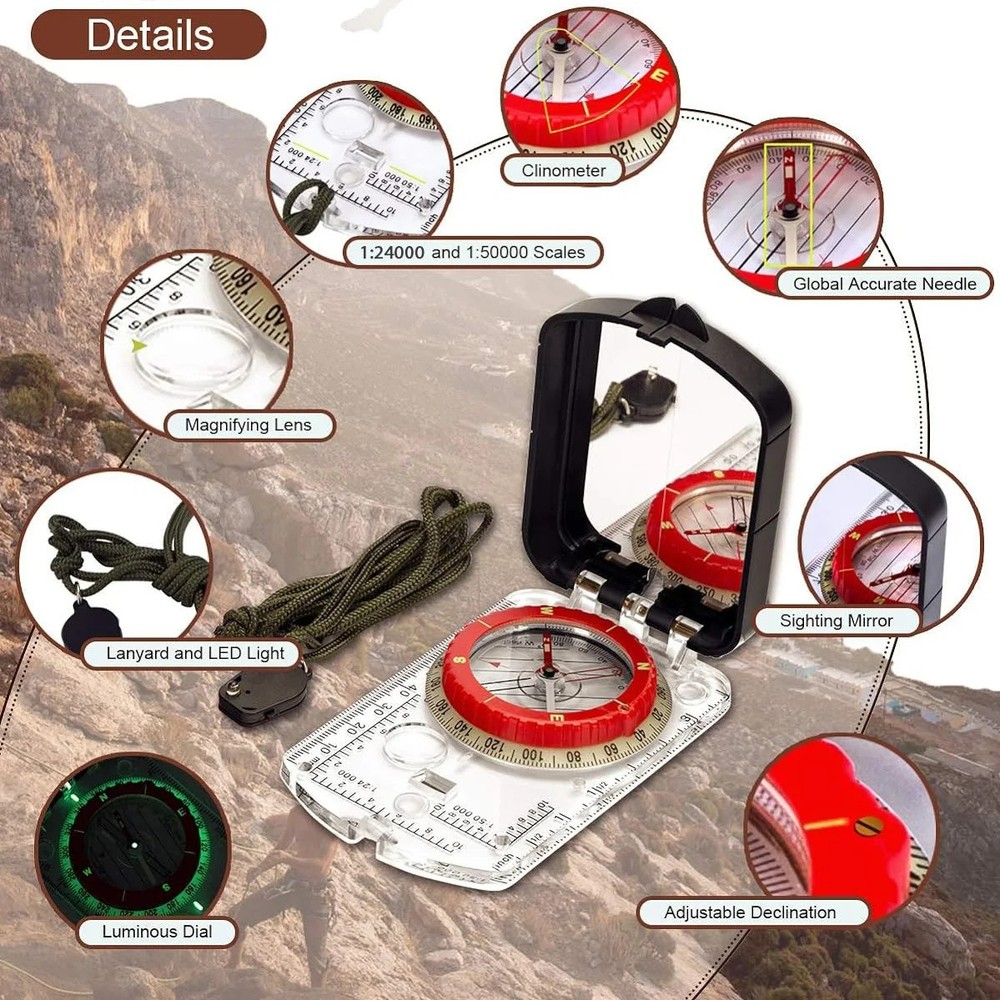 Orienteering Map Compass-Sighting Mirror with Adjustable Declination,Clinometer&