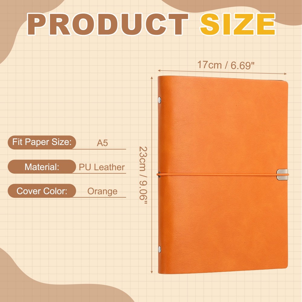 A5 Leather Binder Journal Cover, 6 Ring Elastic Closure, Orange