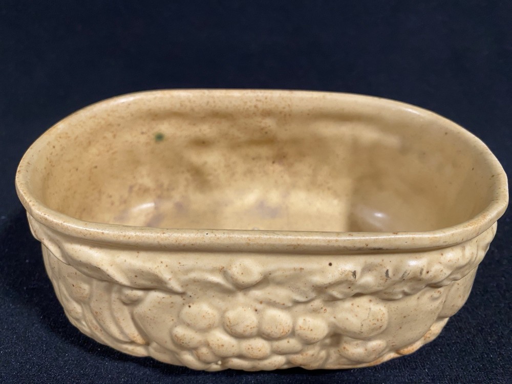 Vintage Speckled Mustard Yellow Ceramic Planter Rounded Rectangle Embossed Fruit