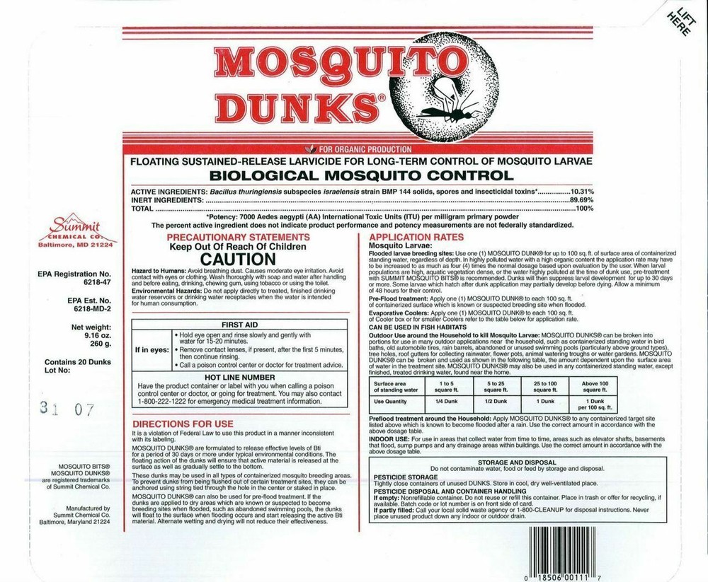 Summit Mosquito Dunks 100 Dunks 5 x 20 Bactimous Briquetts 111-5