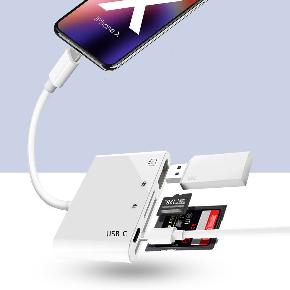 4 in 1 USB SD TF Card Reader Camera Adapter For iPhone 16 15 14 13 12 11 Pro Max
