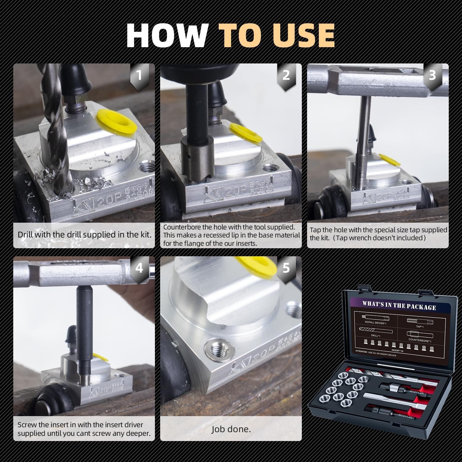 M12X1.25X15MM Thread Repair Kit with Insert HSS Drill, Tap, Counterbore, Install