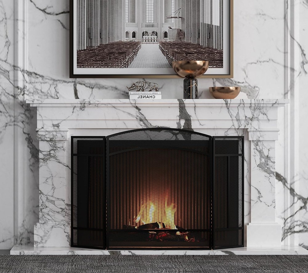 Durable Wrought Iron Fireplace Screen - 3 Panels, Foldable with Arched Top