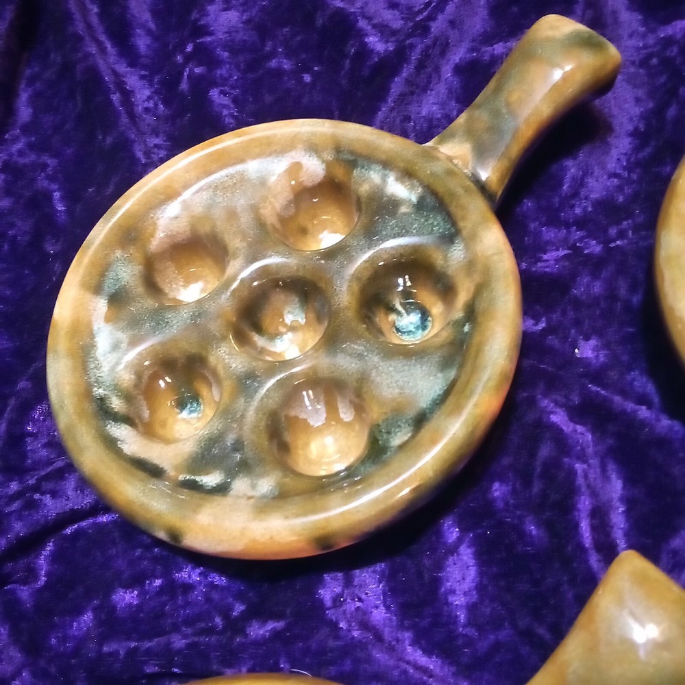 4 Brown Ceramic Mottled Drip Glaze Escargot Baking Serving Dishes Nice!