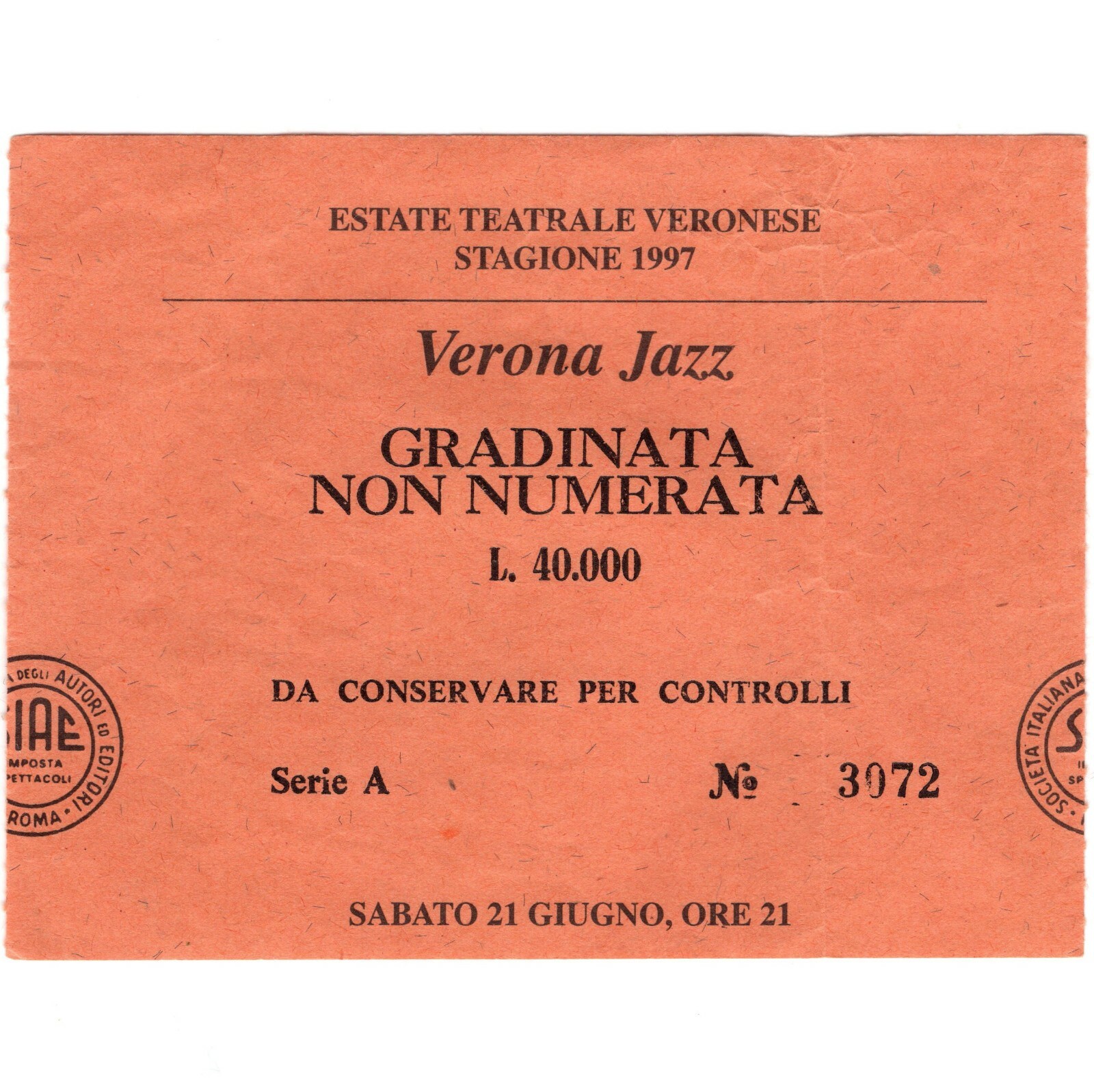 STING & VAN MORRISON Concert Ticket Stub VERONA ITALY 6/21/97 JAZZ THE POLICE