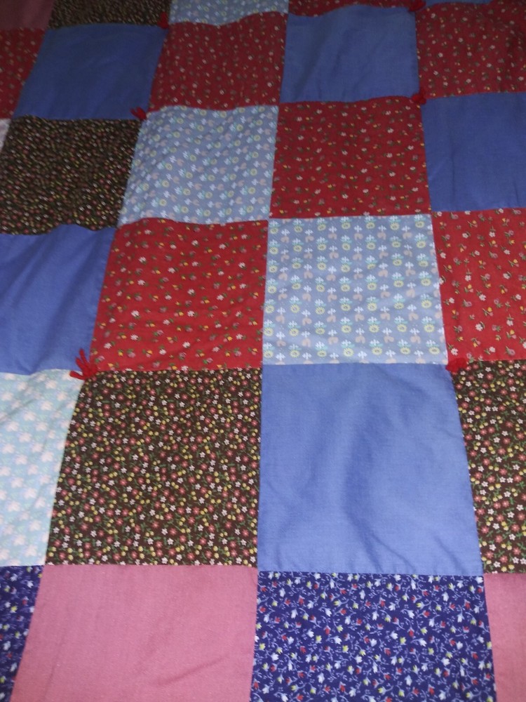 Handmade Tied Light Patchwork Quilt Floral & Solid Squares 74" X 52"