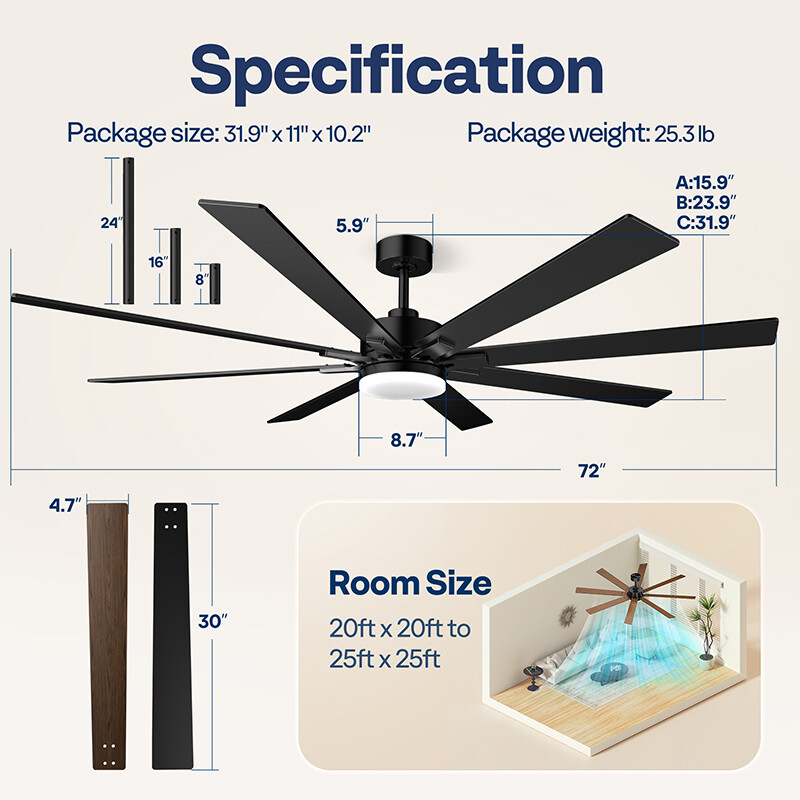 72 in Flush Mount LED Ceiling Fan with Light, Remote, Dimmable
