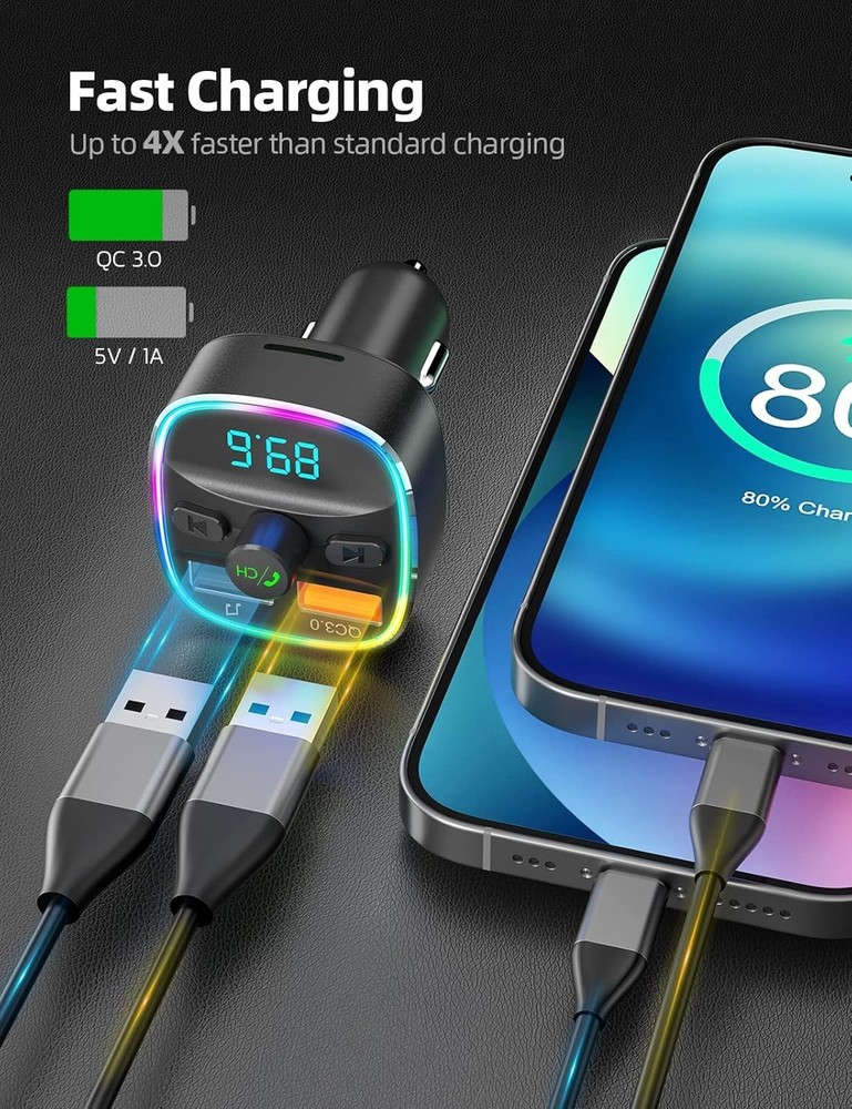 Bluetooth FM Transmitter & Dual USB Charger - 7 Colors LED Backlit, Hands-Free