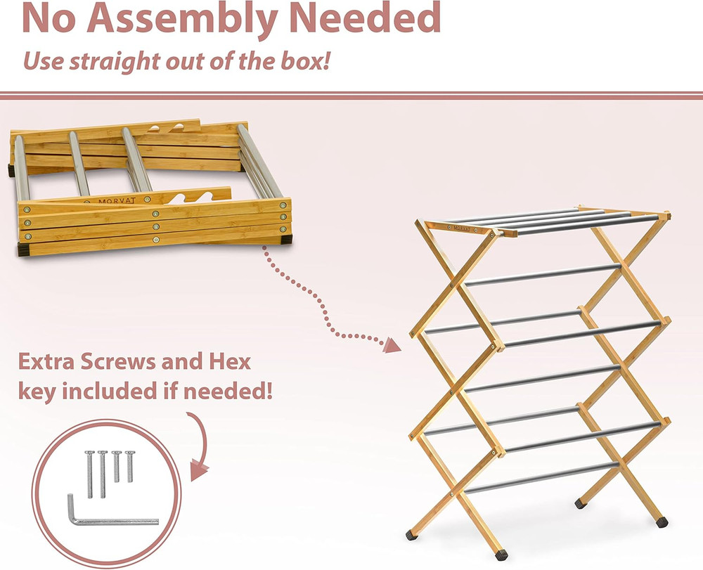 Bamboo Folding Clothes Drying Rack - 11 Poles, Adjustable Height, Collapsible