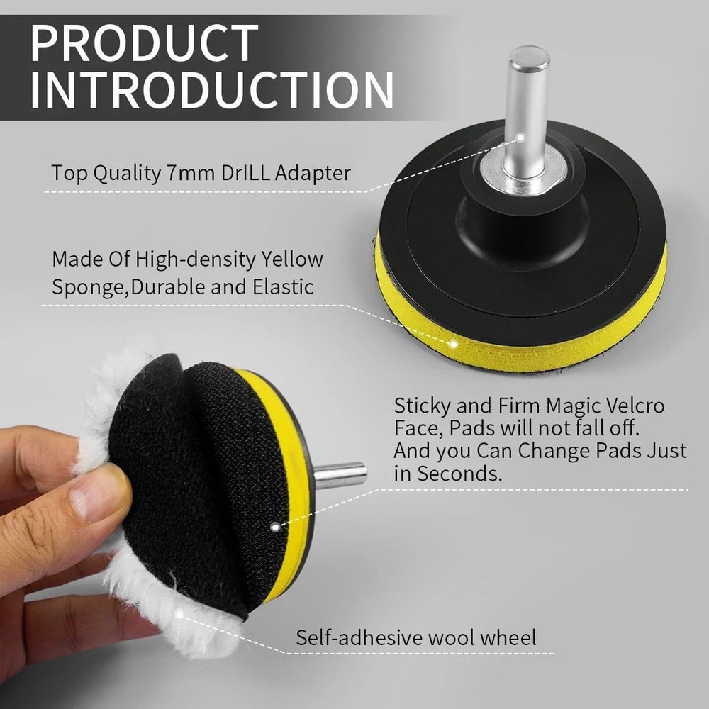 7 Piece 3 Inch Wool Buffing Pad, Drill Buffer Connecting M10 Drill Adapter, Buff