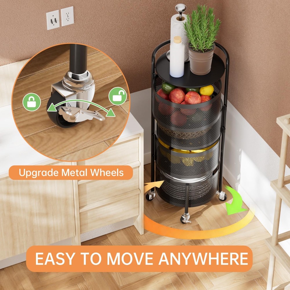 No Assembly Integrated Vegetable Storage Rack, 4-Tier Rotating Fruit Basket w...