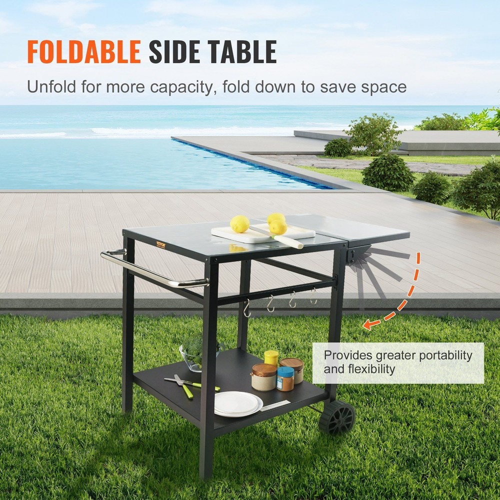 BBQ Prep Cart: Iron Frame, Double Shelves, Foldable Side Table, 220lb Capacity