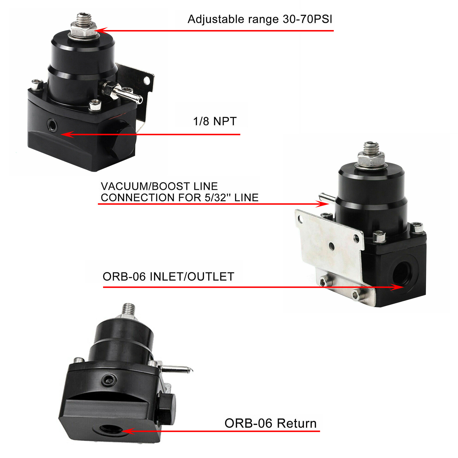 Universal 0-100 Psi 6AN Adjustable Fuel Pressure Regulator Kit W/ Gauge Black