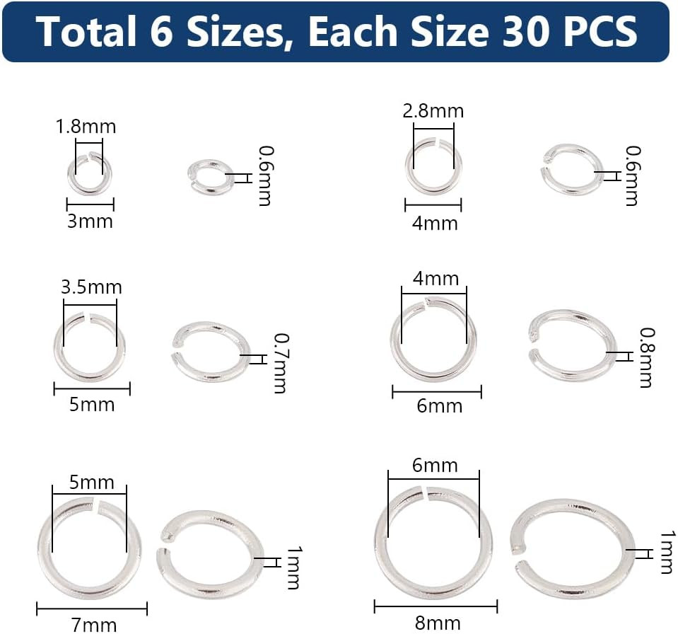 180pcs 925 Sterling Silver Open Jump Rings 3/4/5/6/7/8mm O Ring Jewelry Connecto