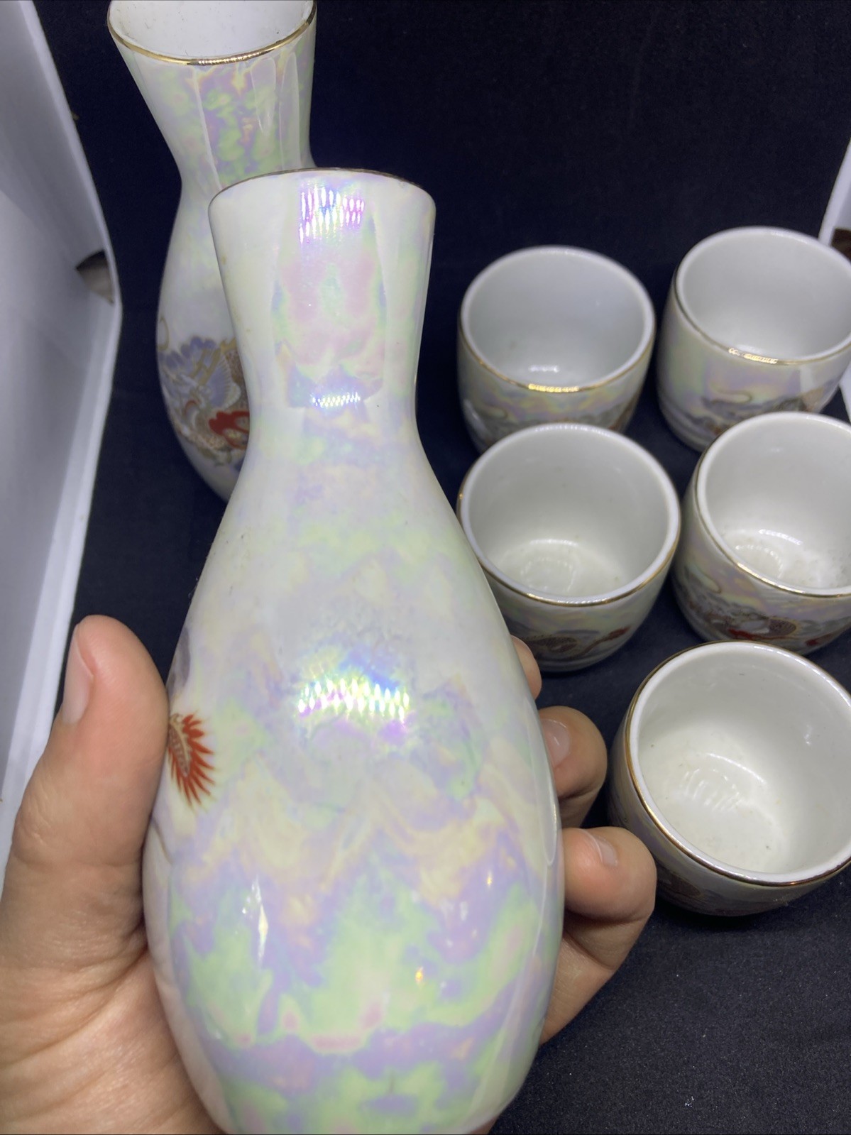 Japanese Fuji Ceramic Sake Set White Golden Drago Gold Trim 7 Piece Set