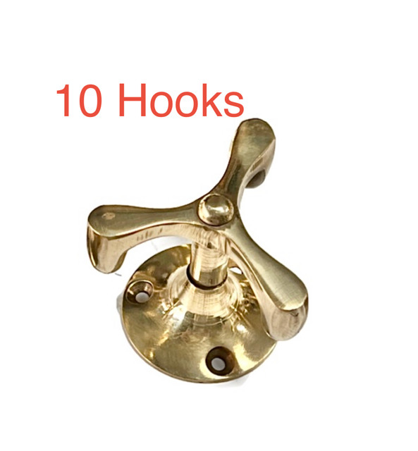 10 small Vintage spinning deco solid BRASS wardrobe HOOK kitchen wardrobe hooks