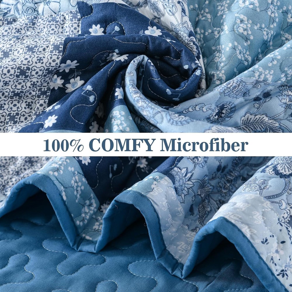 Menghomeus Blue Quilt Set Queen Boho Patchwork Bedspread Floral Queen,