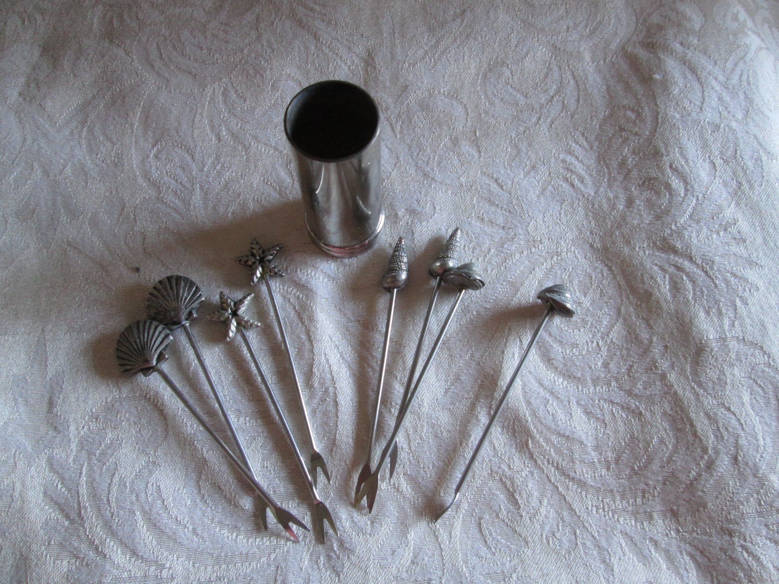 Vintage pewter 8 shell cocktail picks & holder