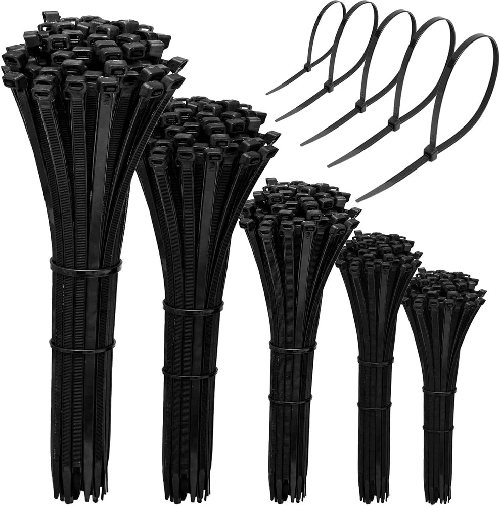 Black Zip Ties Assorted Sizes 4+6+8+10+12-Inch，600Pcs Multi-Purpose Self-Locking