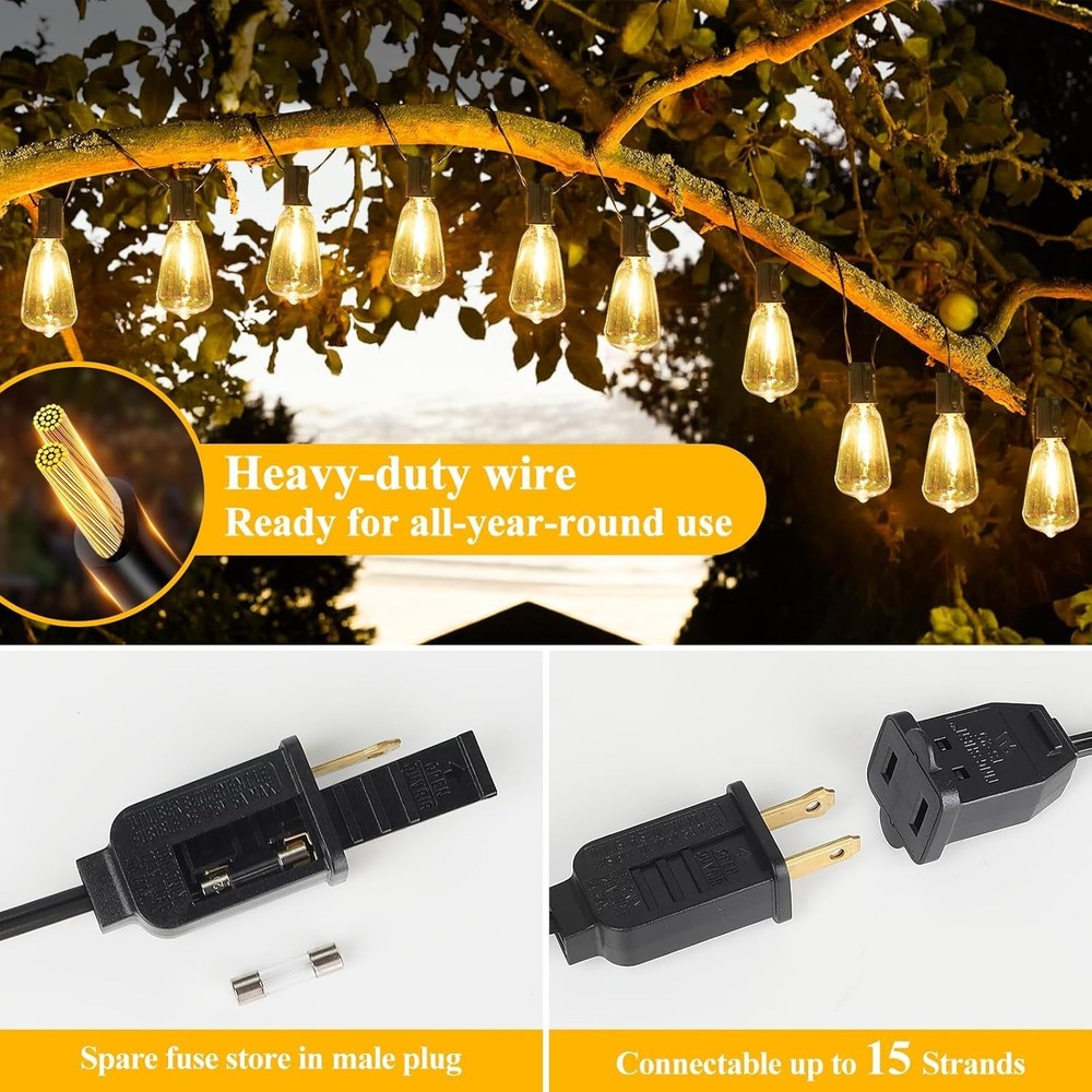100FT LED String Lights 52 ST38 Edison Bulbs Waterproof Dimmable