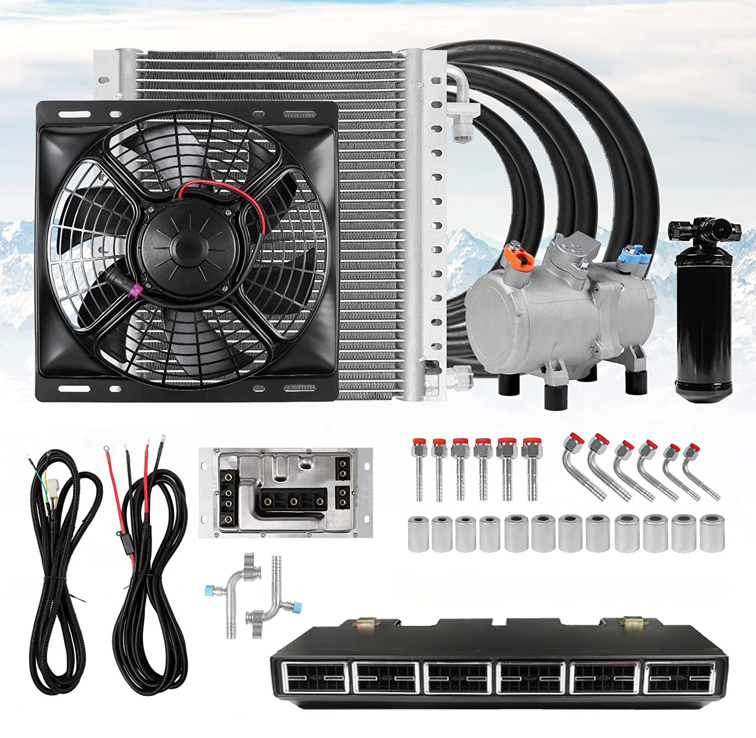 11000 BTU 12V Universal A/C Kit Truck Cab Bus Underdash Air Conditioner 6 Vents